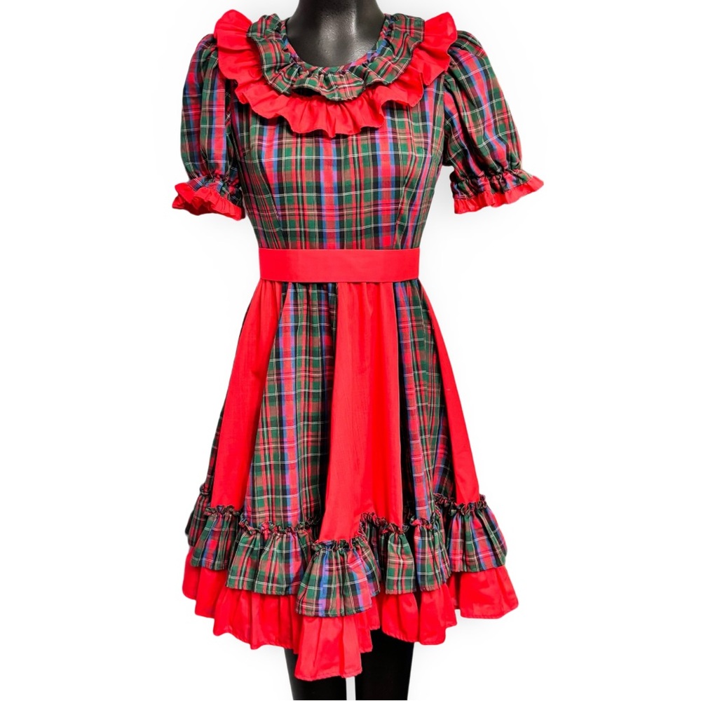 Vintage 60’s Plaid Red Square-dance Dress S/M home Sewn